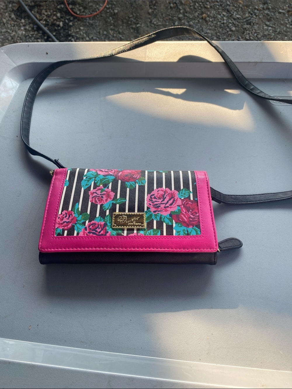 Betsey Johnson Pink Floral Stripe Crossbody Wallet